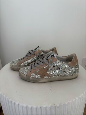 Golden Goose All-Star Women’s Glitter Sneaker in Silver and Tan Suede